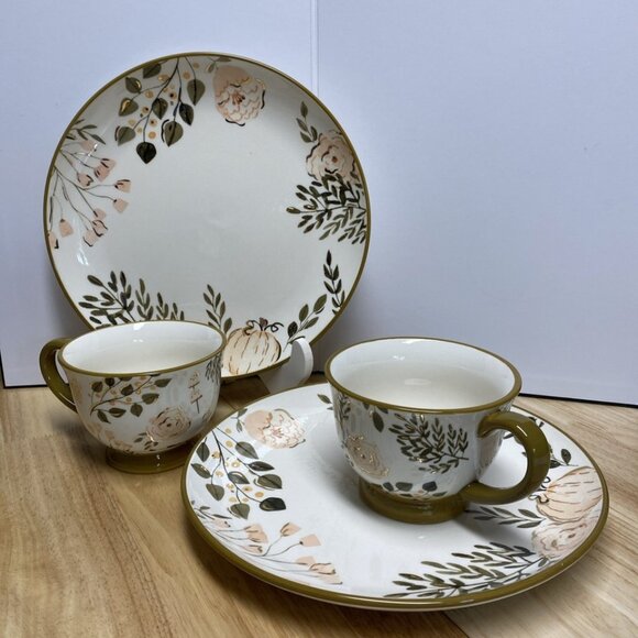 Potter’s Studio Fall Pumpkin Floral 2 Cups And 2 Dinner Plates - Picture 1 of 11